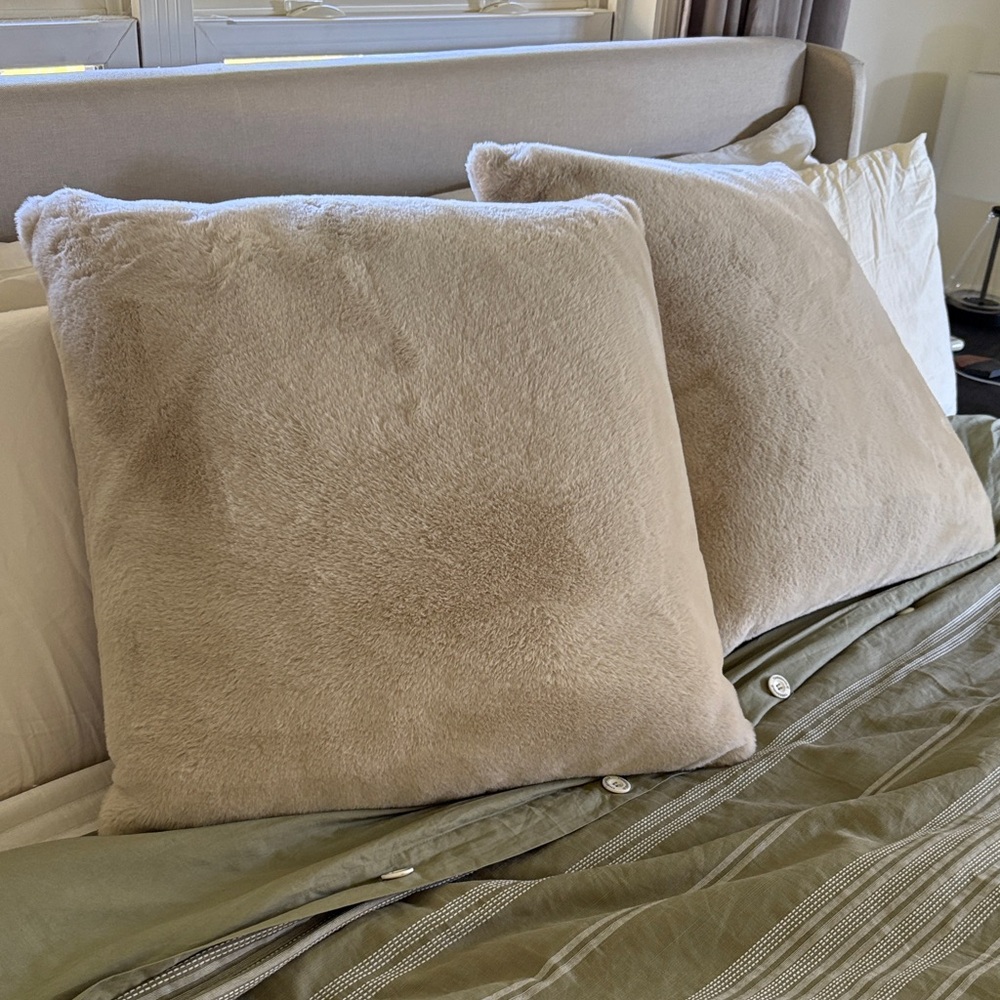 2 Threshold Euro Pillows Tan Fuzzy Textured Large